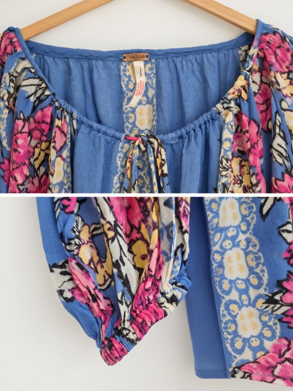 Beautiful Free People floral blouse in a vibrant blue with pink, cream, and yell - Picture 2 of 2